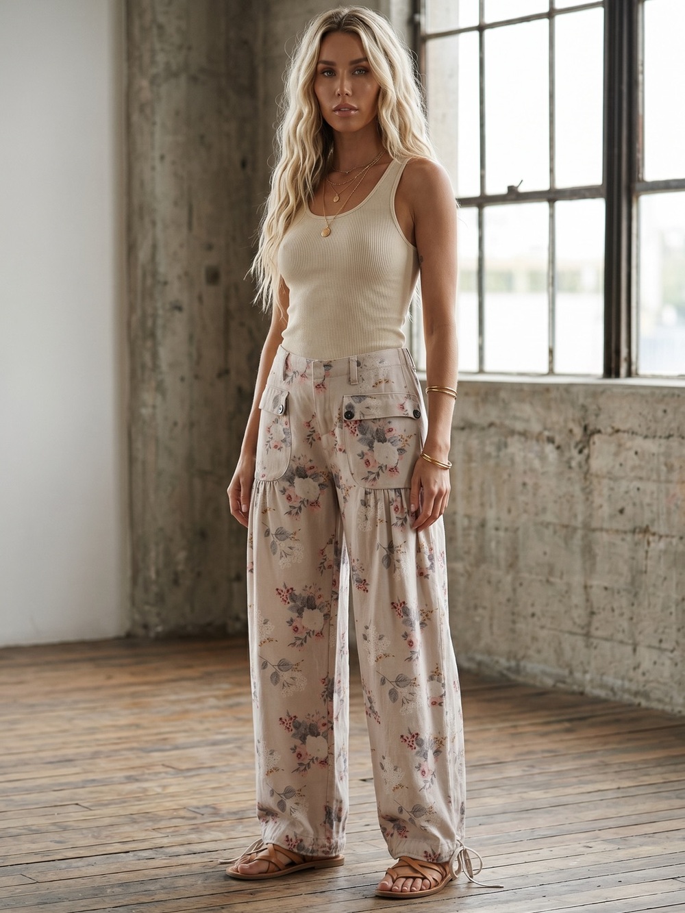 NWT Bibi Boho Floral Print Wide Leg Jogger Style Festival Pants - Picture 2 of 6